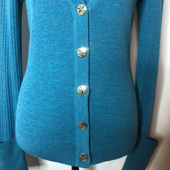 Tory Burch Teal Ribbed Cardigan - Picture 2 of 13